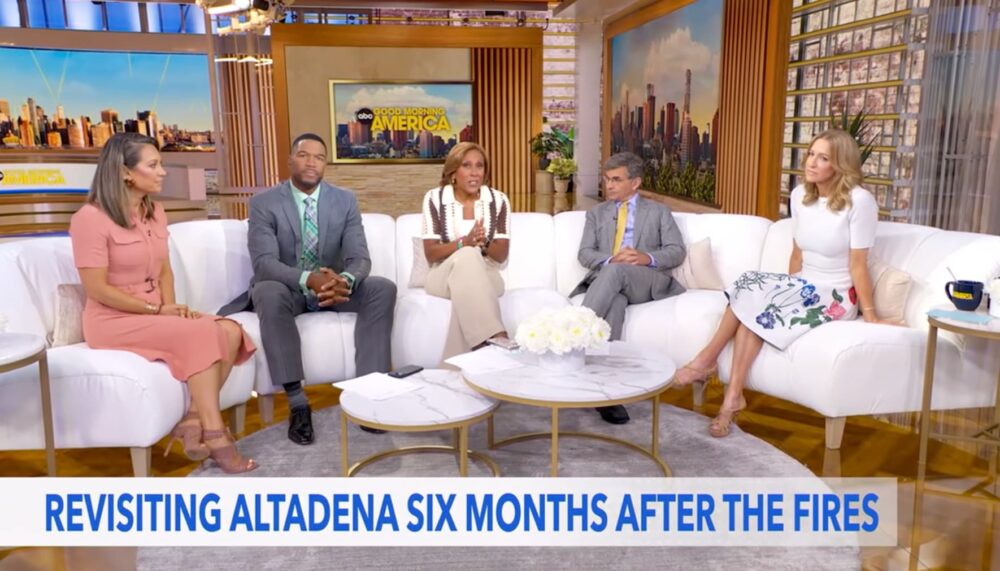 Good Morning America anchors on the couch with chyron that says "Revisiting Altadena Six Months After the Fires"