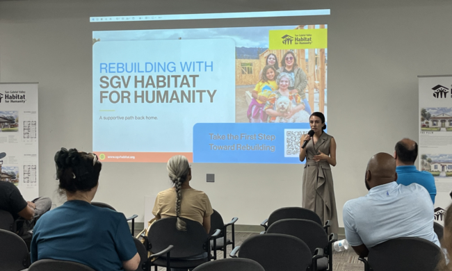 senator perez speaking Presenter speaking at a San Gabriel Valley Habitat for Humanity rebuilding information session for Eaton Fire survivors.