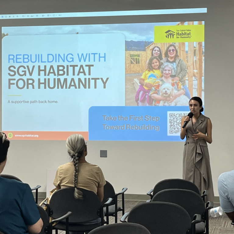 Presenter speaking at a San Gabriel Valley Habitat for Humanity rebuilding information session for Eaton Fire survivors.