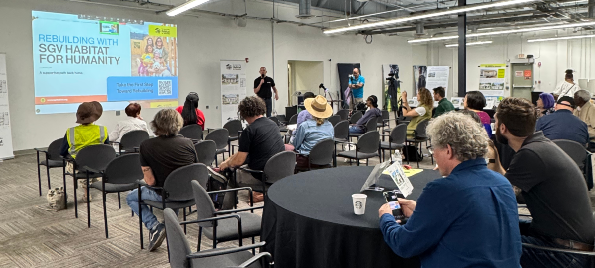 Presenter speaking at a San Gabriel Valley Habitat for Humanity rebuilding information session for Eaton Fire survivors.