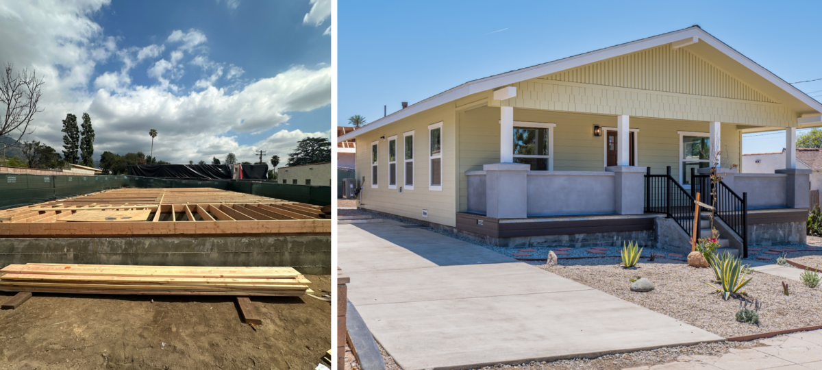 two photos side by side, one of an empty lot and one with a built house